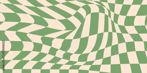 Seamless green checkerboard pattern. Repeating distorted checkered texture. Groovy trippy abstract background. Vintage retro style wallpaper for textile, fabric, wrapping paper. Vector check surface
