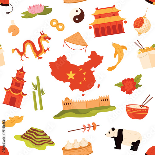 Traditional Chinese elements including dragon, panda, map, food, architecture, and symbols arranged in a seamless pattern, isolated on white background vector illustration