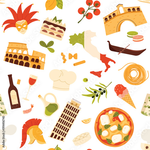 Italian cuisine, landmarks, and cultural icons arranged in a seamless pattern, featuring pizza, pasta, wine, monuments, and traditional symbols, isolated on white background vector illustration