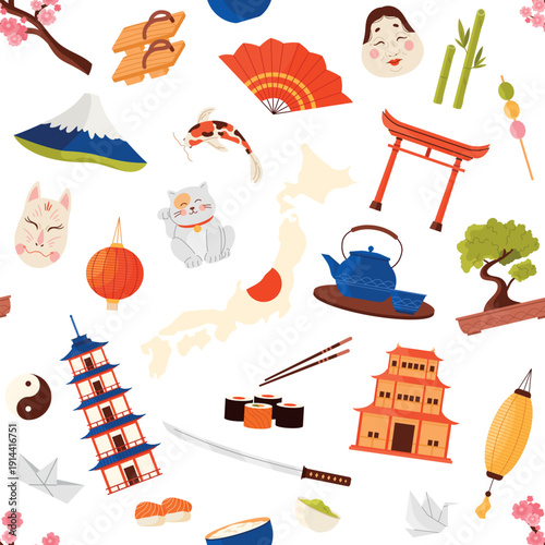 Japanese culture icons including sushi, pagoda, fan, bonsai, lantern, and Mount Fuji arranged in a seamless pattern, isolated on white background vector illustration