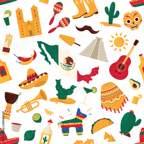 Mexican culture icons including sombrero, cactus, maracas, guitar, flag, food, and traditional elements arranged in a seamless festive pattern isolated on white background vector illustration