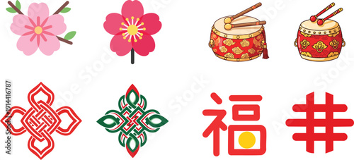 Chinese cultural elements including plum blossoms, drums, and knot designs, symbolizing good fortune and new beginnings.