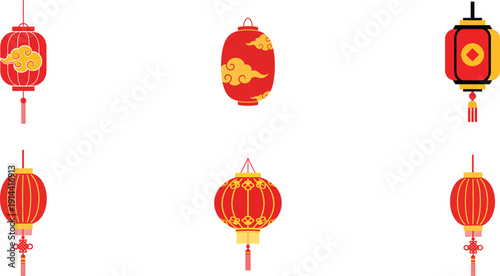Collection of diverse Chinese red lanterns, some with cloud motifs, ideal for festive decorations and cultural events.