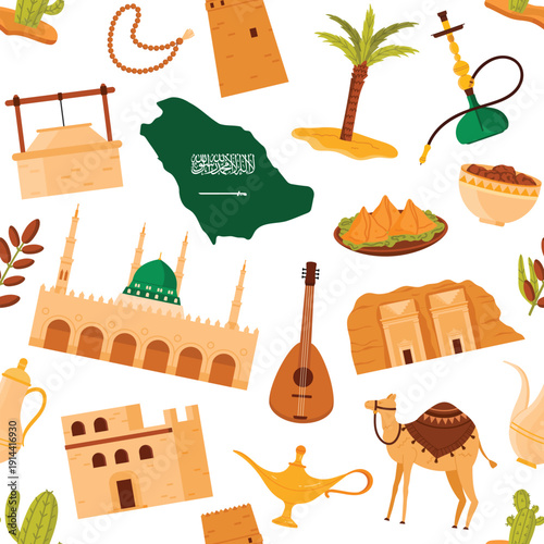 Traditional Saudi Arabian icons including landmarks, food, architecture, and cultural elements arranged in a seamless repeating pattern on white background vector illustration