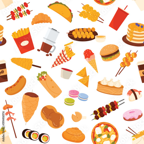Colorful seamless pattern featuring various street food items like burgers, sushi, tacos, fries, coffee, and desserts, isolated on white background vector illustration