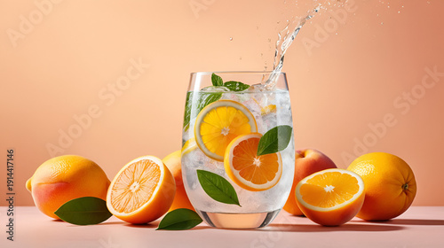 Vivid design food and beverage advertisement: A glass of sparkling water with citrus slices creates a refreshing splash against a soft peach background.