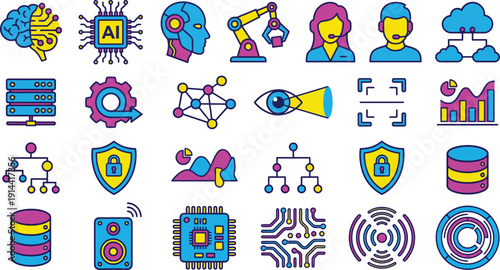 A collection of vibrant, colorful icons representing technology and innovation, featuring robotic arms, artificial intelligence, and data security elements