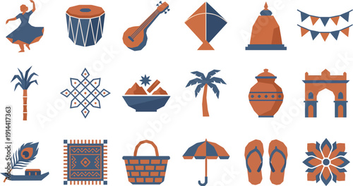 A vibrant collection of cultural icons and symbols, including traditional clothing and accessories, arranged in a grid pattern against a clean white background