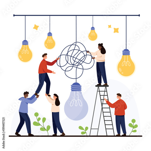 People collaborating to untangle a complex problem with teamwork and innovation, surrounded by glowing light bulbs symbolizing ideas and solutions, isolated on white background vector illustration