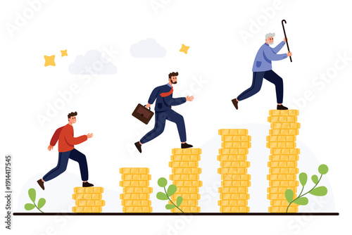 People of different ages climbing stacks of coins representing financial growth, income increase, and savings accumulation through various life stages isolated on white background vector illustration