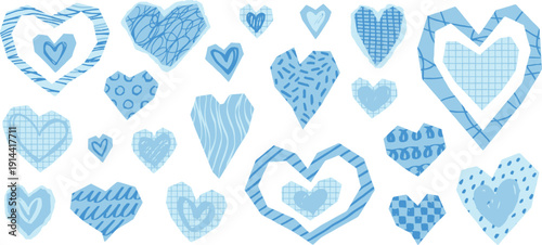 Collection of various blue hearts with different patterns and designs on a clean background viewed from a straightforward perspective