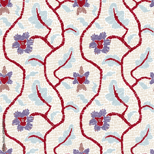 Seamless floral ornamental pattern. Hand drawn winding branches with stylized blossoms. Soft vintage colors on textured background. Vector illustration for textile and decor.