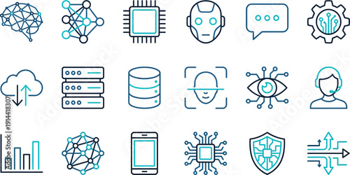A collection of digital icons representing technology and data security in a minimalist blue and white illustration style