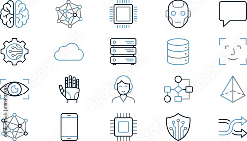 A collection of twenty-one blue line icons representing technology and digital concepts, including devices, security, and artificial intelligence, arranged in a grid pattern.