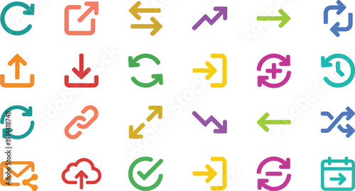 Collection of colorful icons representing various actions and symbols displayed on a neutral background viewed from a straightforward perspective.