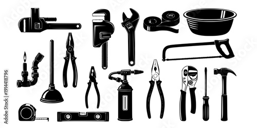 Plumbing tools silhouette, Plumbers equipment silhouettes set
