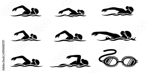 Swimming silhouettes, Swimmer silhouette, Woman swimming silhouette, Swimmer svg, Backstroke swimmer silhouette, Swimming svg, Swimming goggles silhouette, Swimmer icon bundle