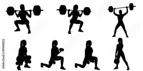 Woman weightlifting silhouettes, Woman fitness exercise silhouettes set
