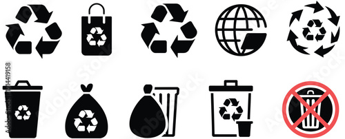 Recycle icon and trash symbol, vector illustration set featuring recycling signs, bins, and trash cans, isolated on white background, perfect for web icons, delete buttons, environmental awareness
