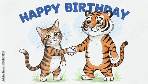 Cartoon cat and tiger hold hands under 'happy birthday' text standing on green grass with white background