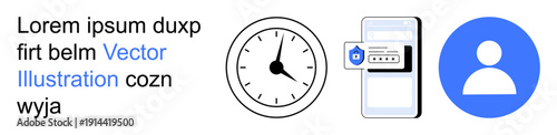 Digital security, user login, authentication systems, secure access, time management, identity verification. Clock, smartphone with password field and user icon. Digital security and user login