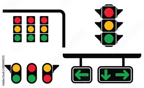 Traffic lights illustrations, isolated objects featuring green, yellow, and red stoplights with green arrow direction icon, vector set ideal for road safety, traffic management,