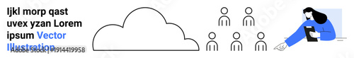 Digital collaboration, online education, cloud storage, user management, teamwork, data sharing. Cloud with group of people and figure pointing to a device. Collaboration and online education concept