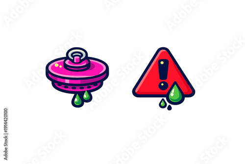 Pink sink strainer plug and red warning triangle sign with green liquid drops representing toxic waste or chemical leak