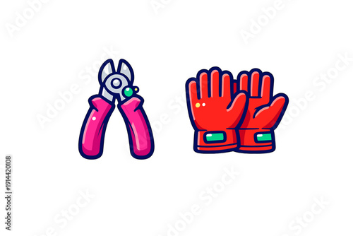 Pink wire cutters and red protective work gloves for construction and DIY repair projects isolated on white background