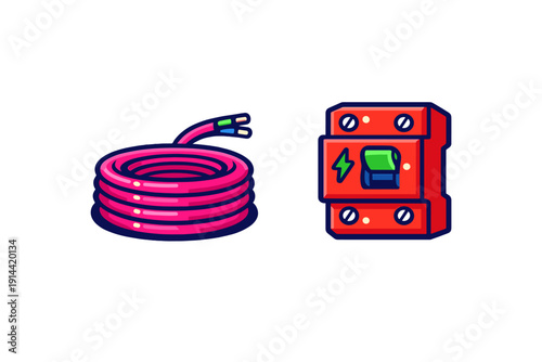 Electrical circuit breaker and pink cable coil for home wiring and power distribution equipment on white background