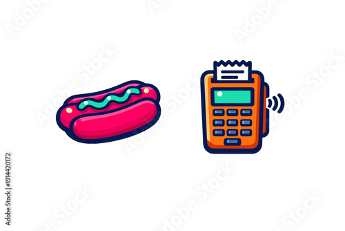 Hot dog with mustard and electronic payment terminal with receipt for fast food purchase