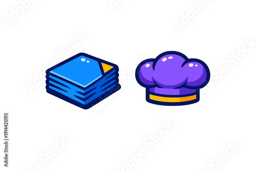 Set of cartoon icons featuring a stack of blue napkins and a purple chef hat with yellow accents on a white background