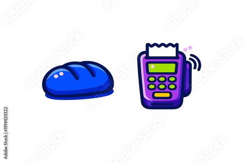 Blue loaf of bread and purple credit card terminal for contactless payment in a bakery or grocery store setting