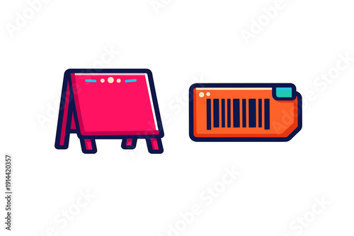 Stylized red sidewalk sandwich board and orange membership card with barcode isolated on white background