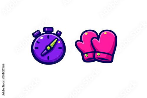 Purple stopwatch and pink winter mittens isolated on white background for seasonal sports and time management concepts