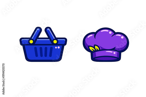 Blue plastic shopping basket and purple chef hat icons for grocery store or cooking app interface design