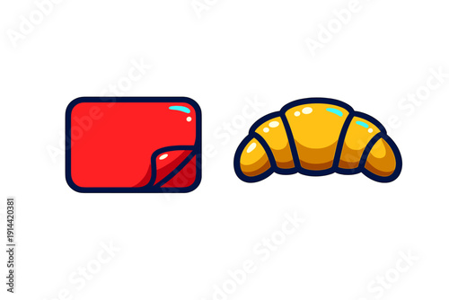 Cartoon red sticker with curled corner and golden brown croissant icons isolated on white background for game design or web interface