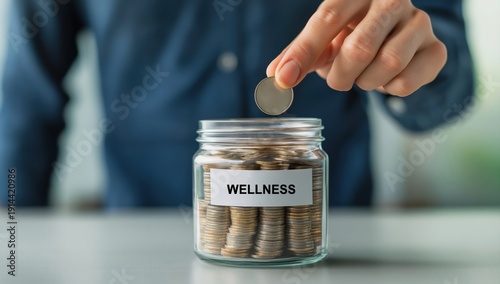 Person investing money in a glass jar labeled WELLNESS, illustrating the concept of saving for future health, healthcare expenses, financial planning, and personal well-being