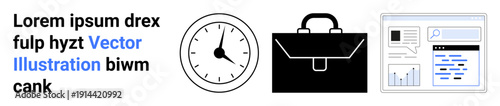 Time management, productivity tools, business workflow, data analysis, organizational insights, professional communication. A clock, briefcase and analytics dashboard. Time management