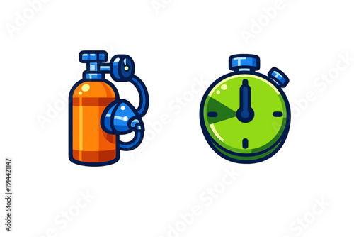 Emergency medical oxygen cylinder with breathing mask and green stopwatch timer icons for healthcare and first aid