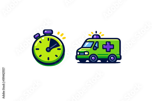 Green stopwatch and ambulance vehicle representing emergency medical response time and urgent healthcare services on white background