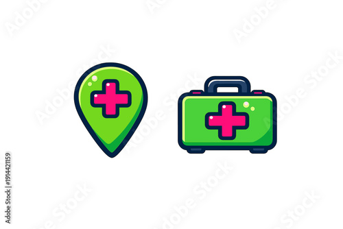 Medical location pin and first aid kit icons with pink cross symbols on green background for healthcare and emergency services