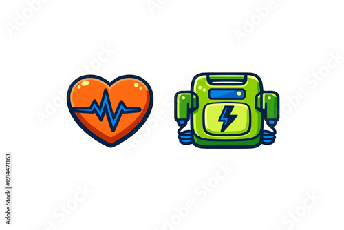 Heart with pulse line and automated external defibrillator machine icons for medical emergency and first aid concepts on white background