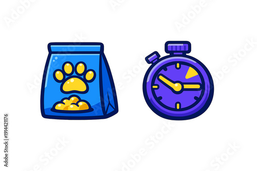 Blue pet food bag with yellow paw print and purple stopwatch timer icons representing animal feeding schedule and routine