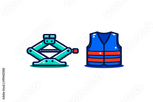 Car emergency roadside assistance kit with mechanical scissor jack and blue reflective safety vest isolated on white background