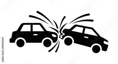 Two black cars colliding in a dangerous car crash, isolated white background.