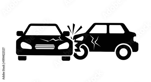 Black silhouette icon of a crashed car with front impact damage, isolated white background.
