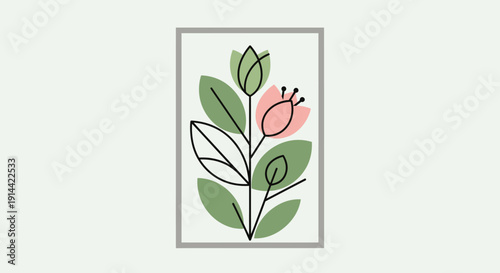 Minimalist botanical illustration of a plant with green leaves and pink buds in a subtle arch frame, light green background.