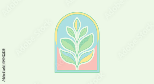 Colorful abstract plant branches and leaves in a decorative arched window frame, in bright studio.