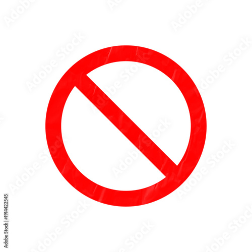 Red prohibition symbol with crumpled texture isolated on white background, forbidden or no entry sign icon.
